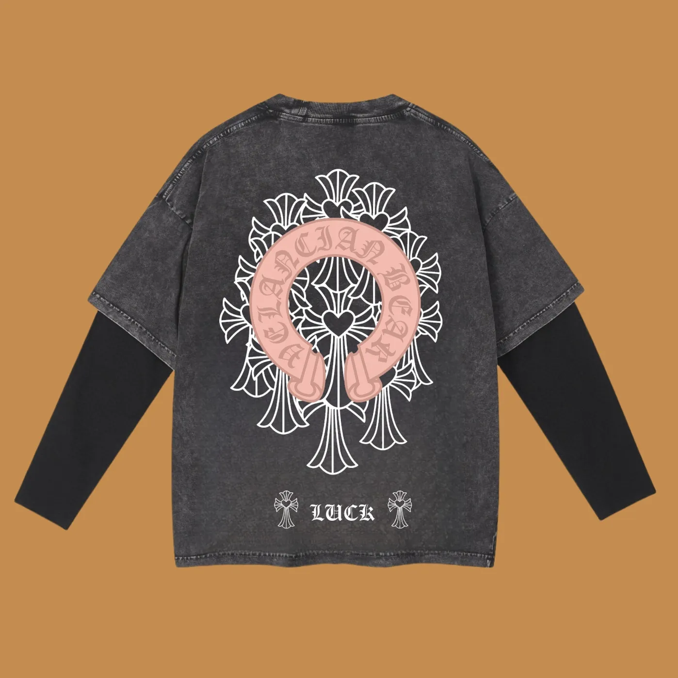 🅿️240 (profit from cooperation) High-end quality Chrome Hearts 2025SS spring and summer wear Fake two-piece washed snowflake series Cross✟fake two-piece long T-shirt Adopt imported Kornit digital direct-injection printing Custom dyed high-quality trendy brand 100% cotton washed 260G fabric Ready-made garments dyed➕washed fried snowflake OS loose off-shoulder version Unisex size: S.M.L.XL.2XL